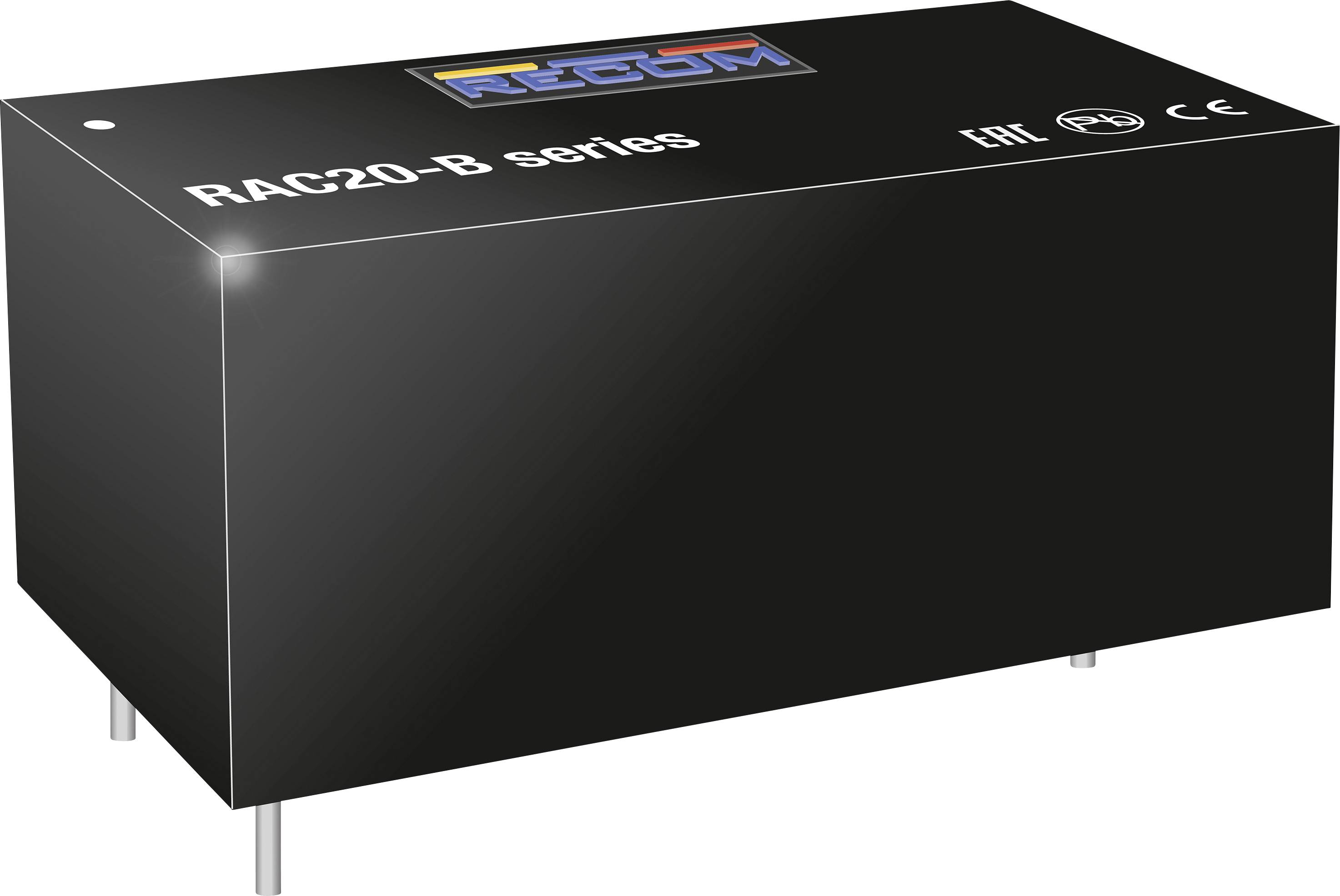 Czarny moduł elektroniczny z serii 'RAC20-B' firmy RECOM, oznaczony certyfikatami EAC, FC i CE.