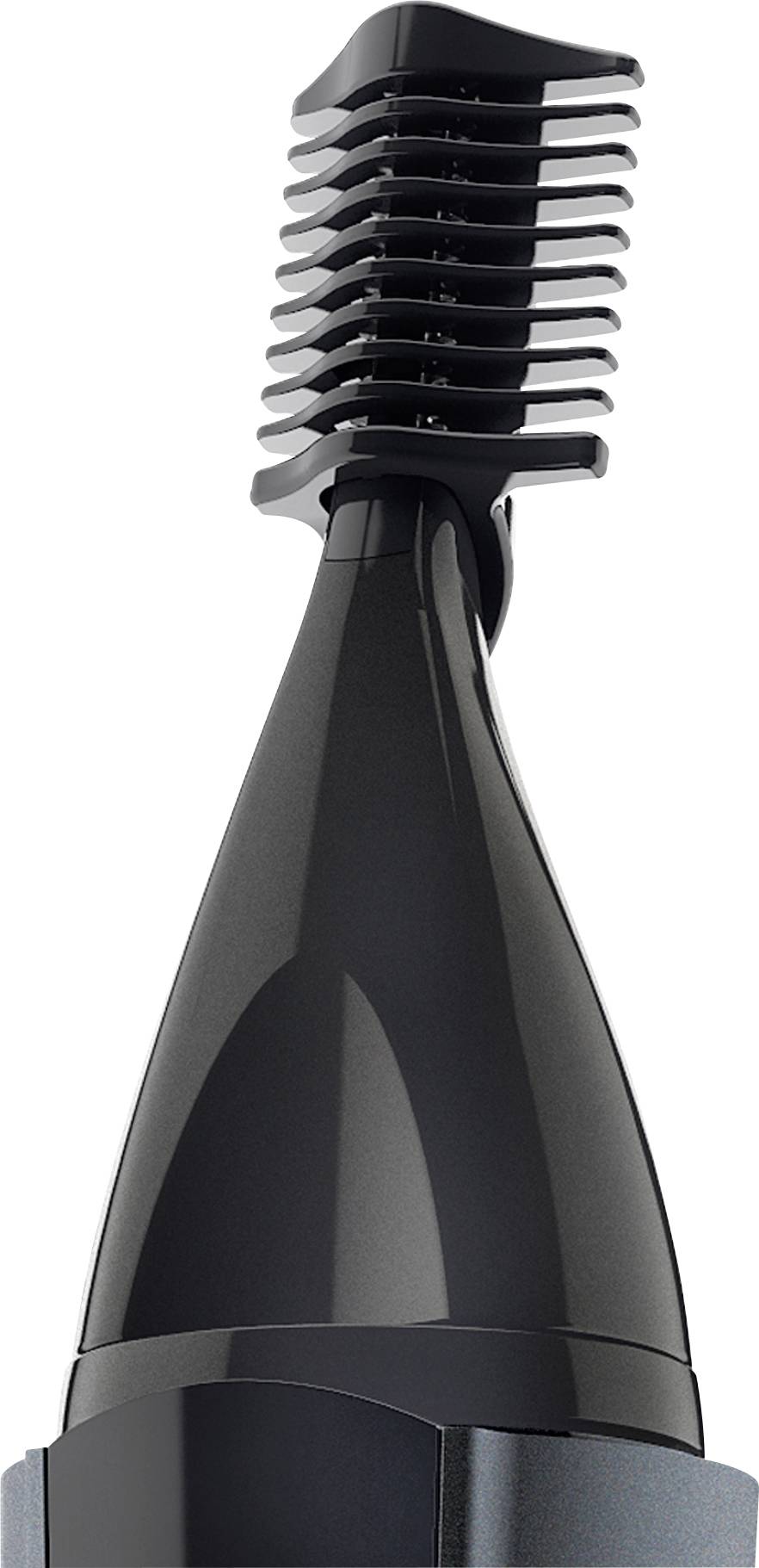 Czarny elektryczny trymer do włosów z nasadką grzebieniową, odpowiedni do precyzyjnego usuwania włosów z nosa i uszu.