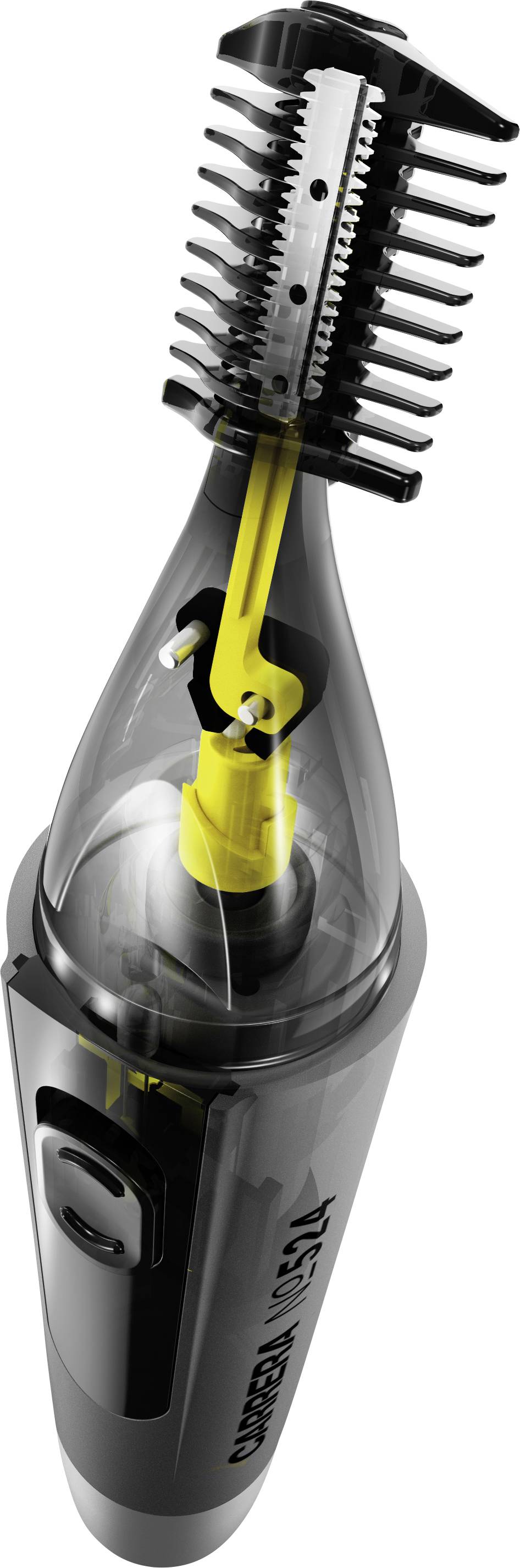 Obraz elektrycznej maszynki do strzyżenia brody w czarnej obudowie z żółtymi akcentami, wyposażonej w ostrze i nakładkę ochronną do przycinania włosów.