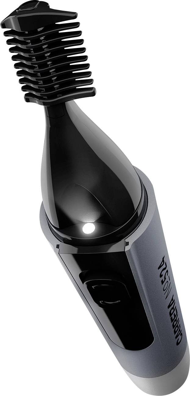 Elektryczny trymer do nosa w kolorze czarnym z ergonomicznym uchwytem, niebieską obudową i ostrymi ostrzami do precyzyjnej pielęgnacji.