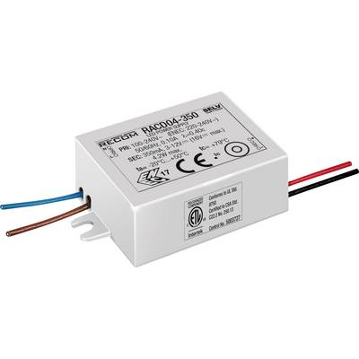 Elektroniczne zasilanie sieciowe z napisem na obudowie 'RECOM RACD04-350'. Przedstawia specyfikacje techniczne i podłączenia przewodów do zasilania.