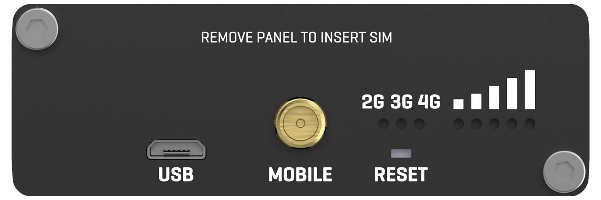 Panel sterowania urządzenia z etykietą 'USUŃ PANEL ABY WŁOŻYĆ KARTĘ SIM' z portem USB, wskaźnikiem MOBILE, przyciskiem RESET i wskaźnikami siły sygnału 2G/3G/4G.