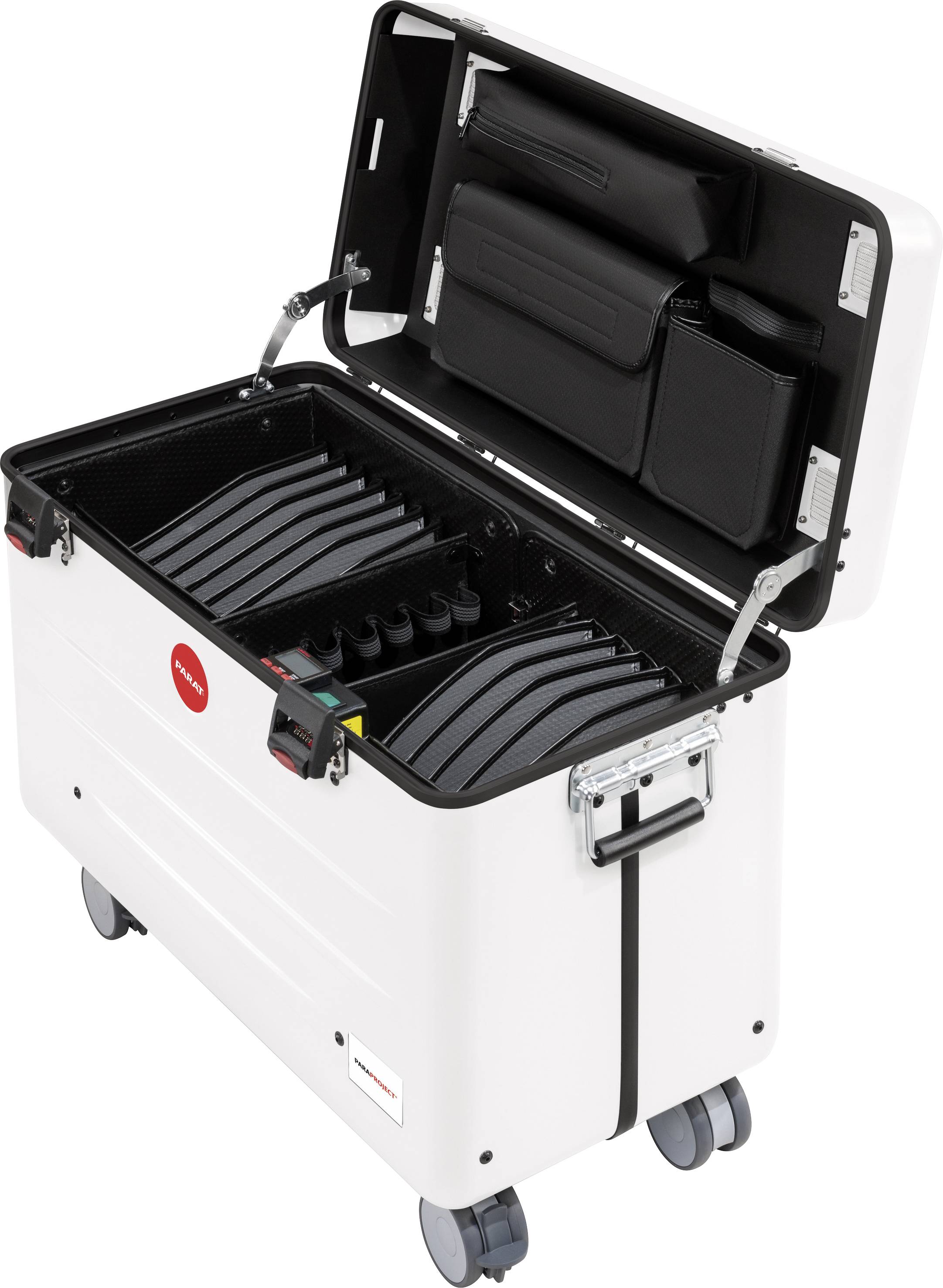Otwarty, biały walizka na kółkach z czarnymi przegródkami wewnątrz. Jest przeznaczona do przechowywania i bezpiecznego transportu urządzeń elektronicznych.