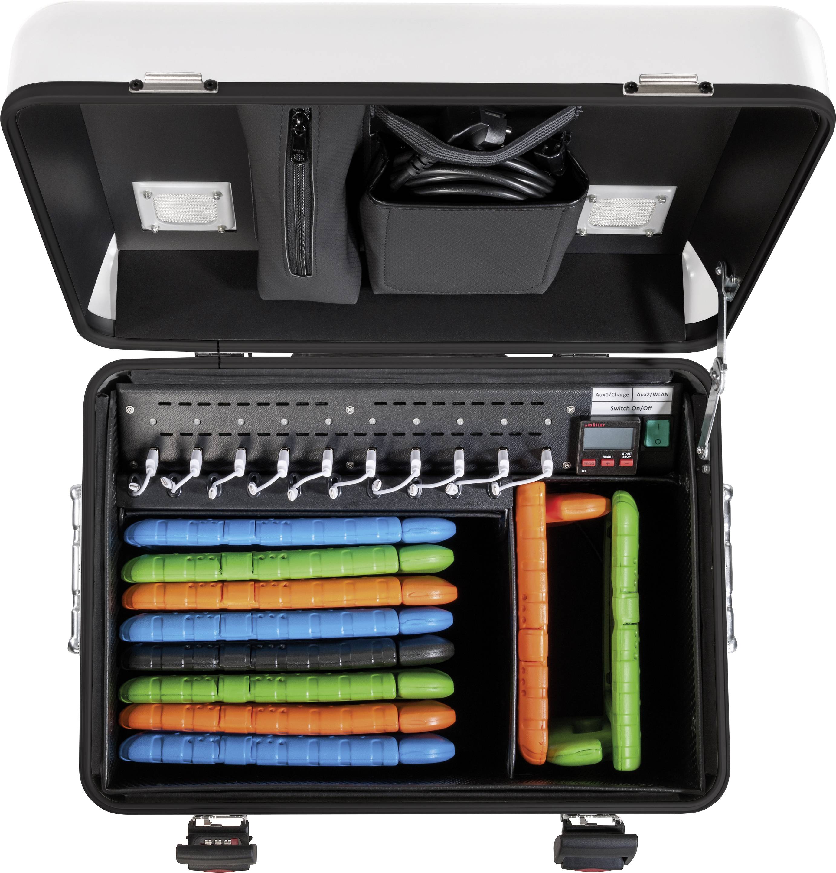 Otwarty kufer prezentuje kilka kolorowych, podłużnych urządzeń w przegródkach. Na górze znajduje się przegródka z przewodem.