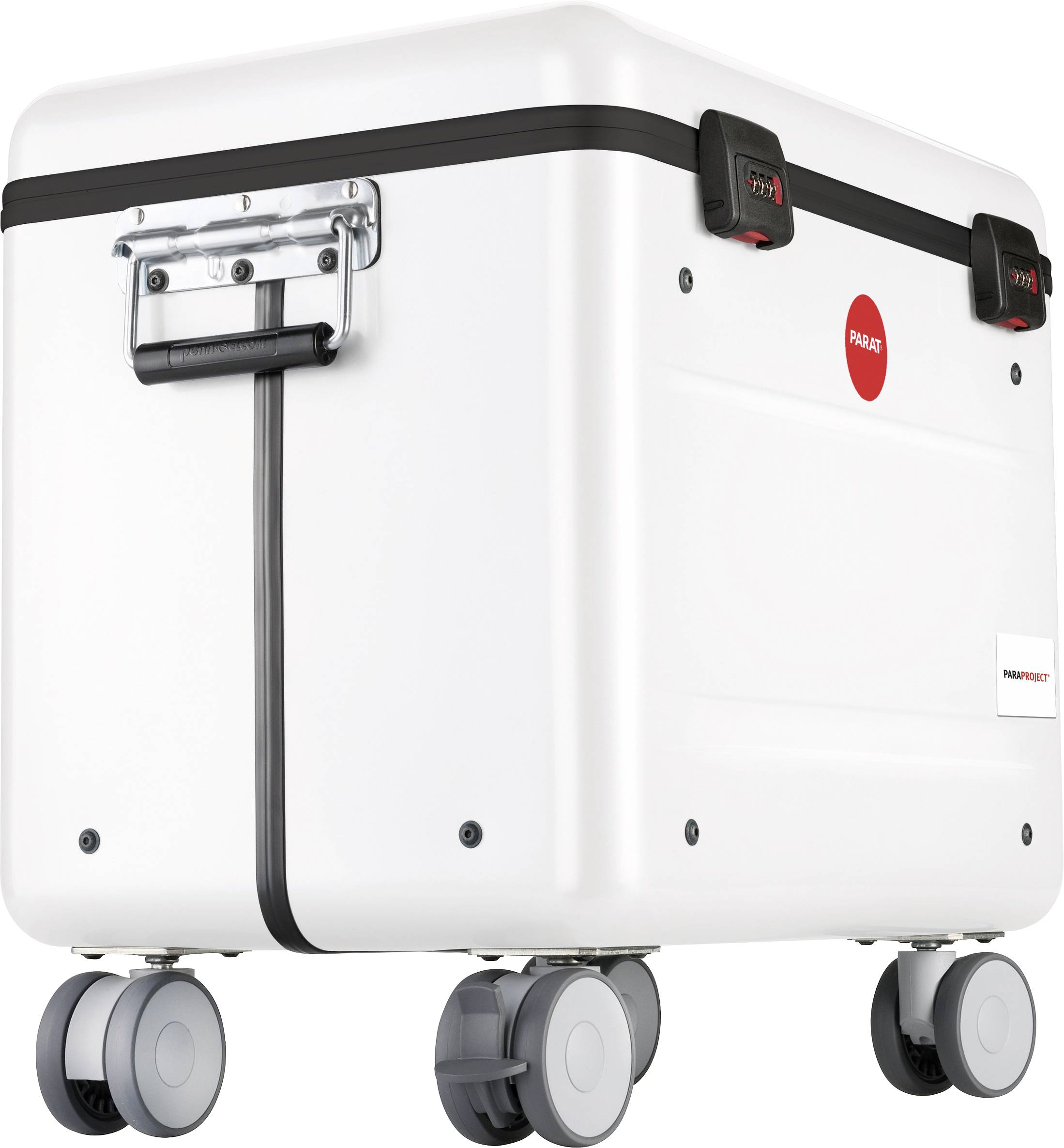 Biały, mobilny kufer na kółkach z uchwytem. Posiada czerwone i czarne detale i jest odpowiedni do transportu delikatnych przedmiotów.