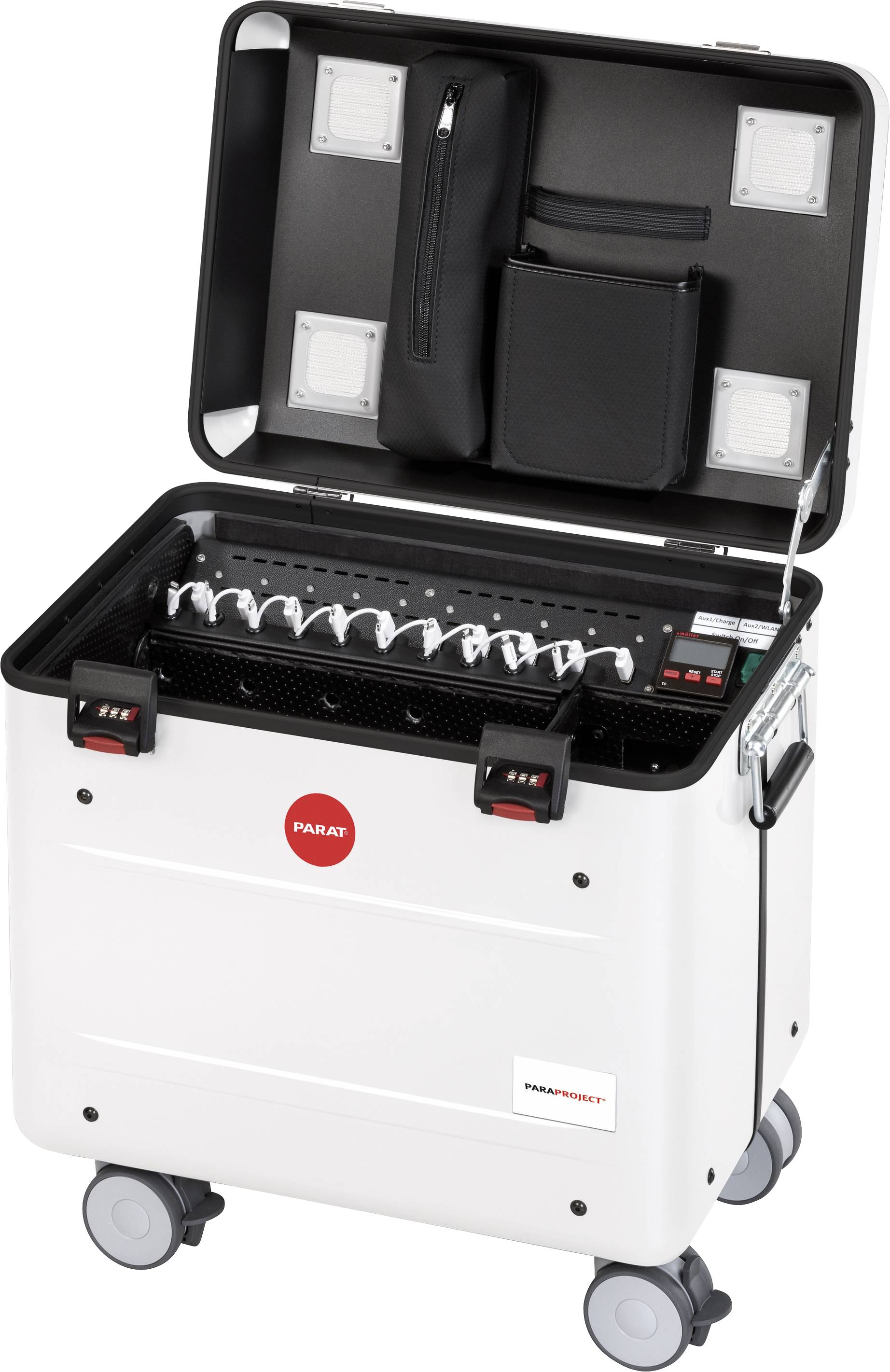 Otwarty pojemnik transportowy na kółkach z przegrodami do przechowywania urządzeń. Odpowiedni do bezpiecznego przewozu sprzętu elektronicznego.