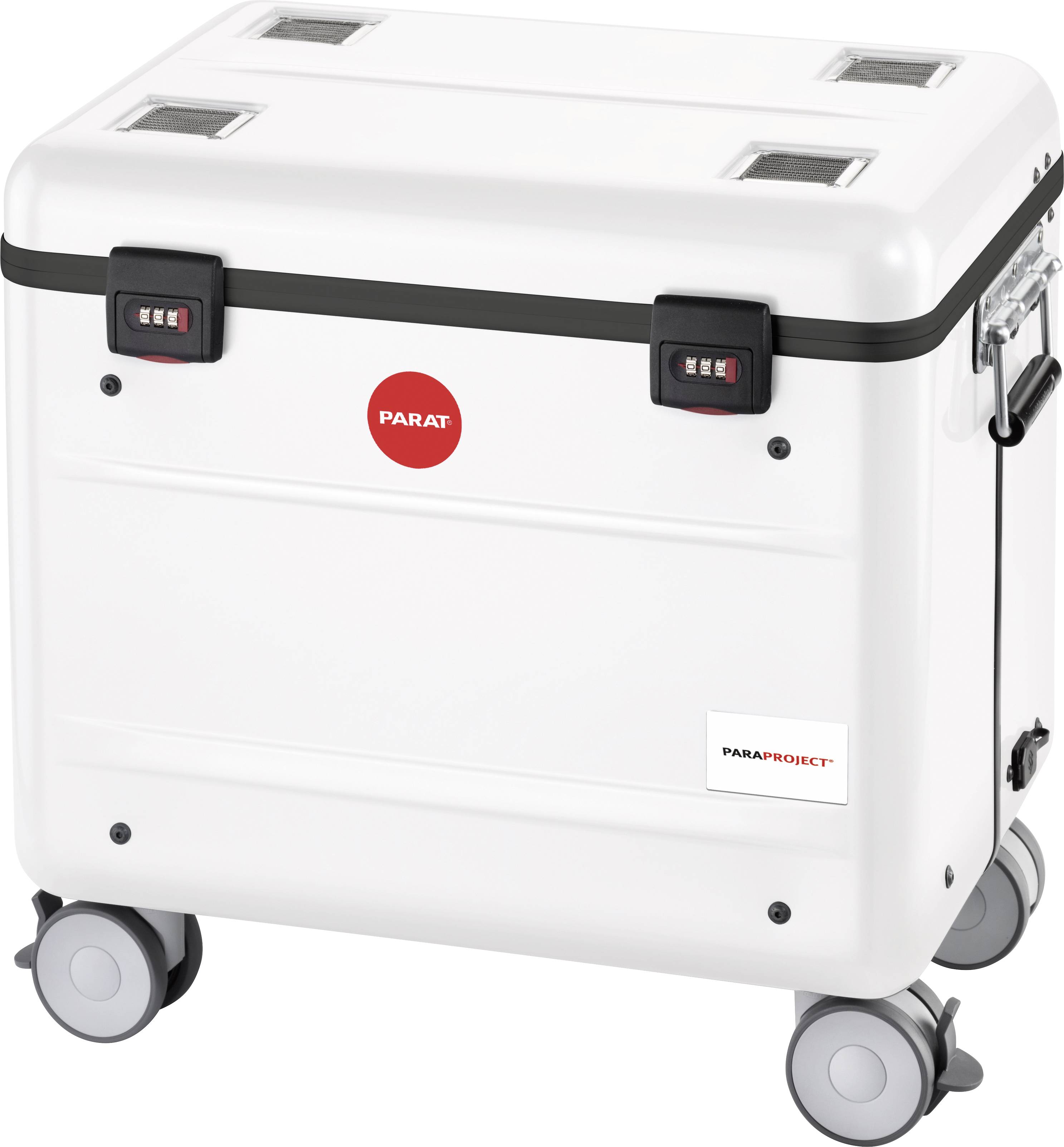 Biały kufer transportowy na kółkach z czerwonym logo 'PARAT'. Kufer posiada uchwyty i zamki szyfrowe.