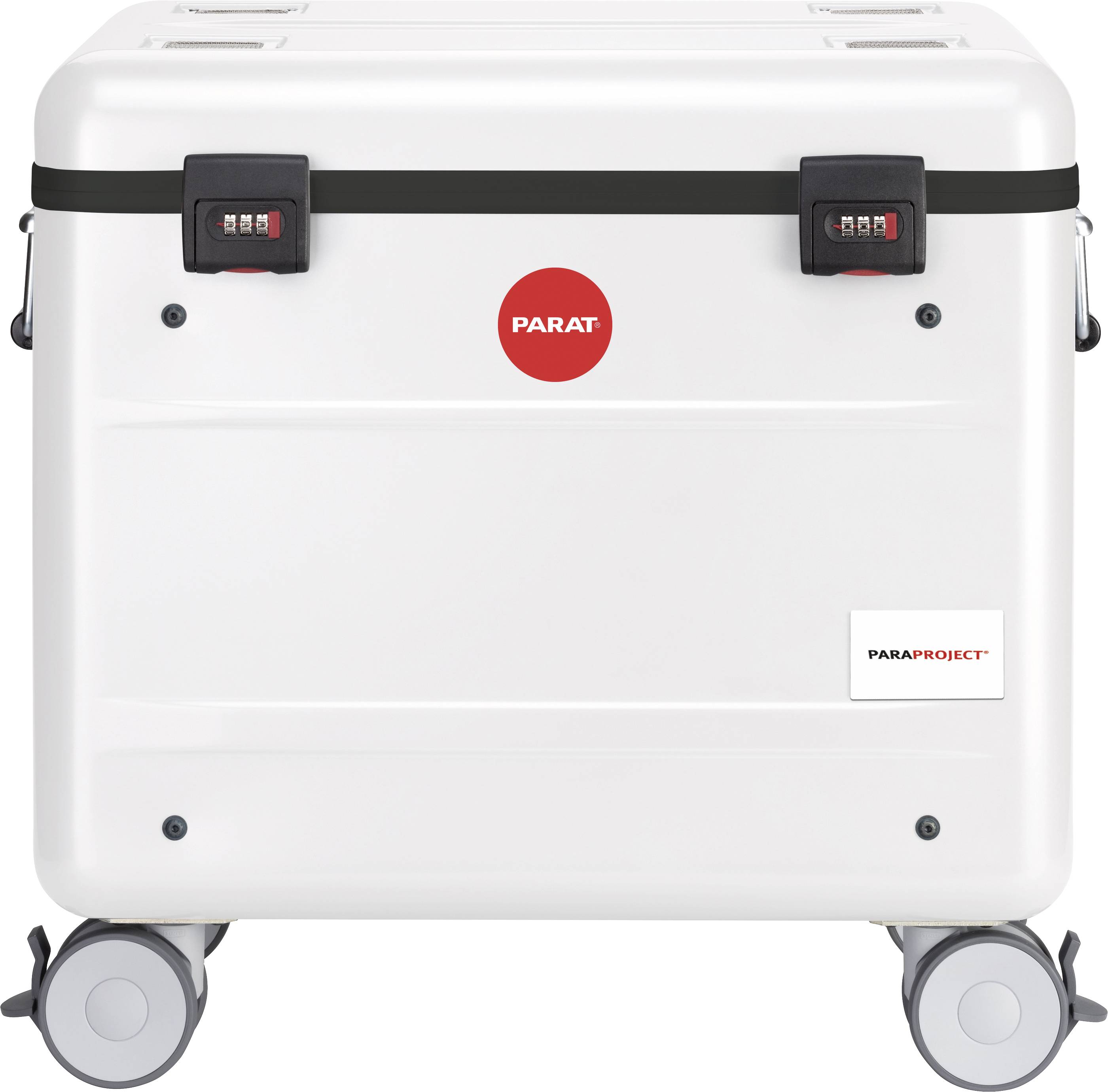 Biały, przewożny kufer z czarnymi zamkami i czerwonym logo 'PARAT' pośrodku, odpowiedni do bezpiecznego transportu.