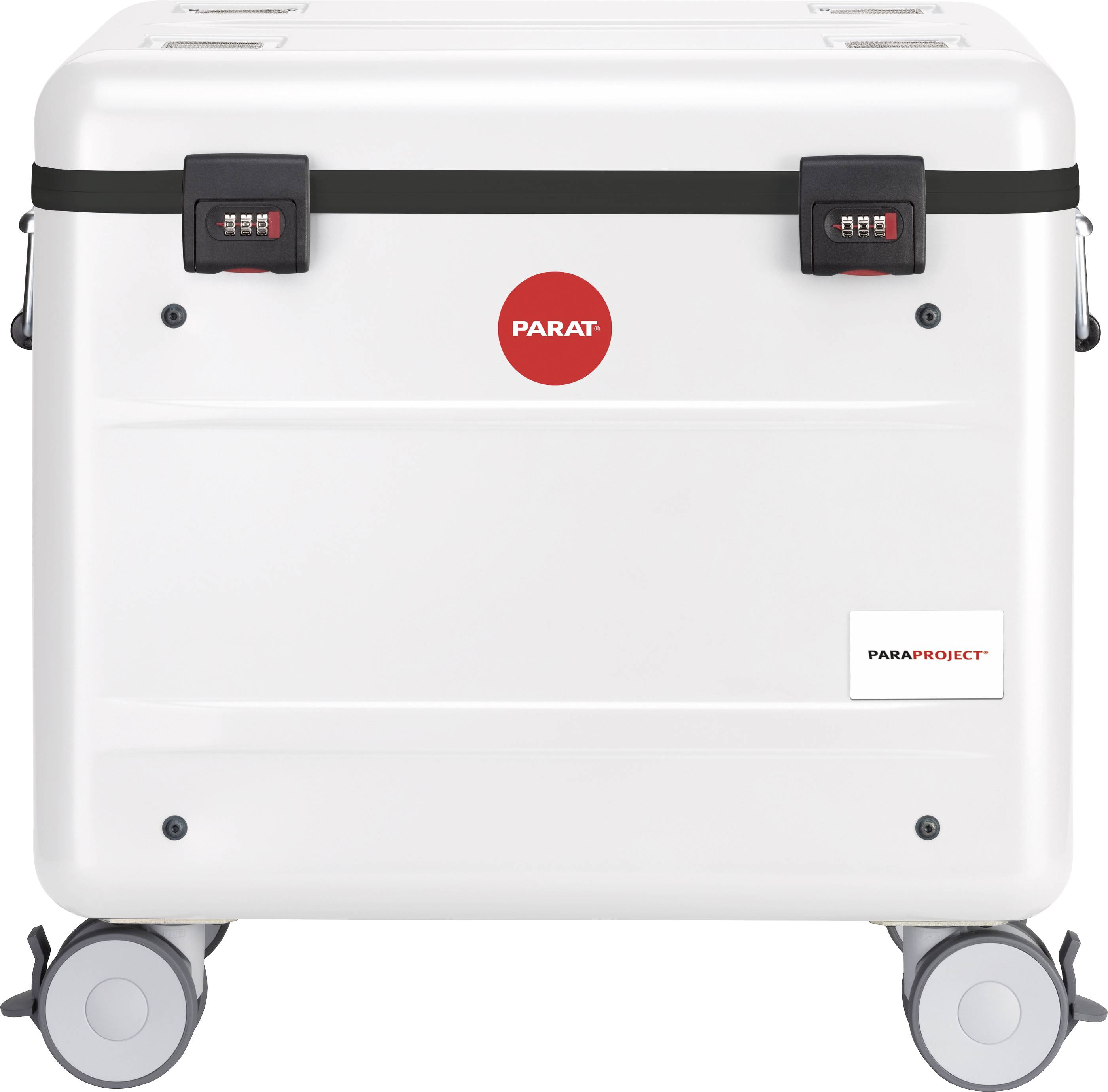Biała skrzynka transportowa na kółkach z dwoma zamkami szyfrowanymi, czerwonym logo 'PARAT' i napisem 'PARAPROJECT'.