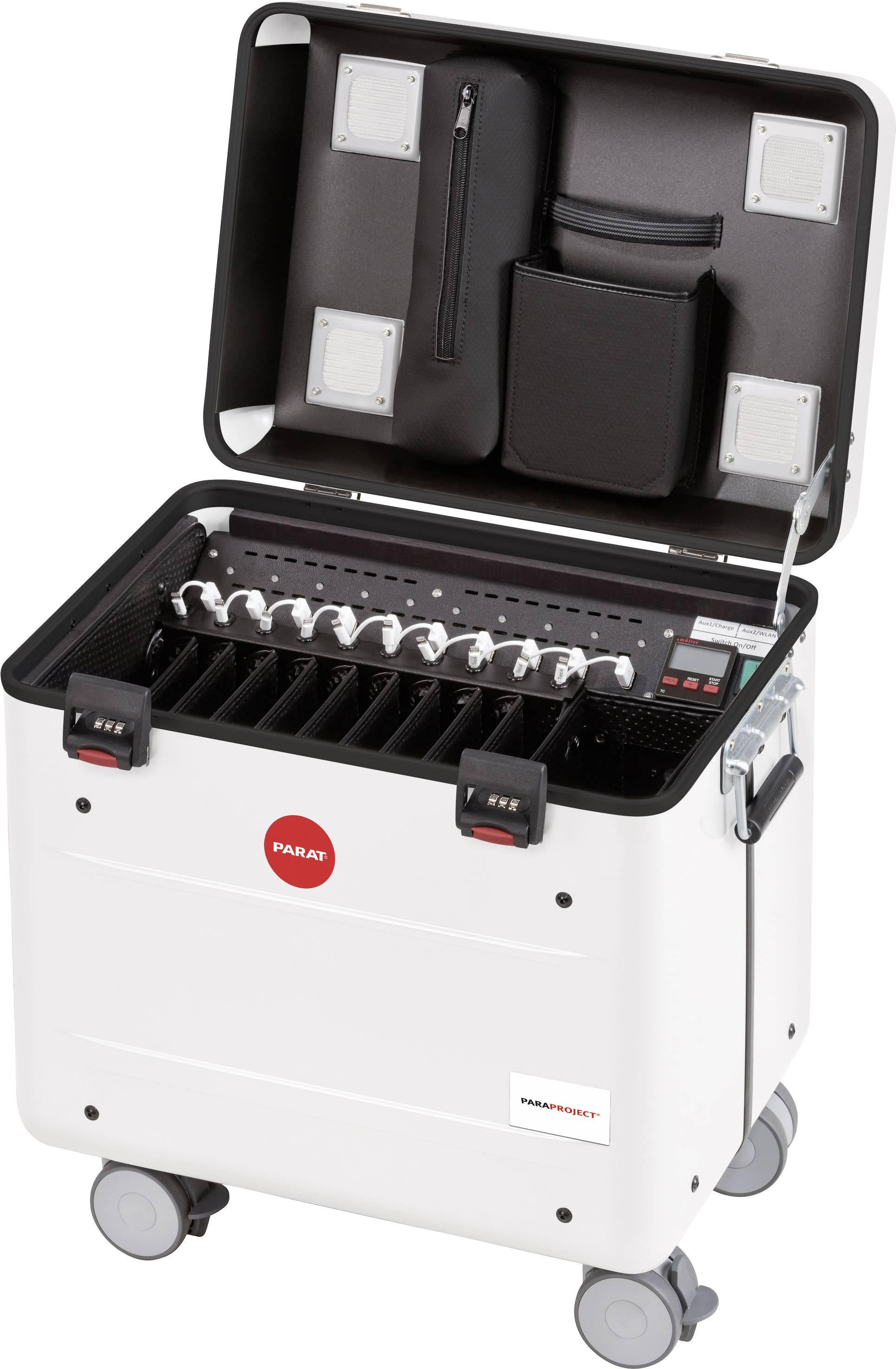 Biała, przewożna walizka z otwartą pokrywą prezentuje jednostkę ładunkową z wieloma przyłączami i dwiema jednostkami wentylacyjnymi.