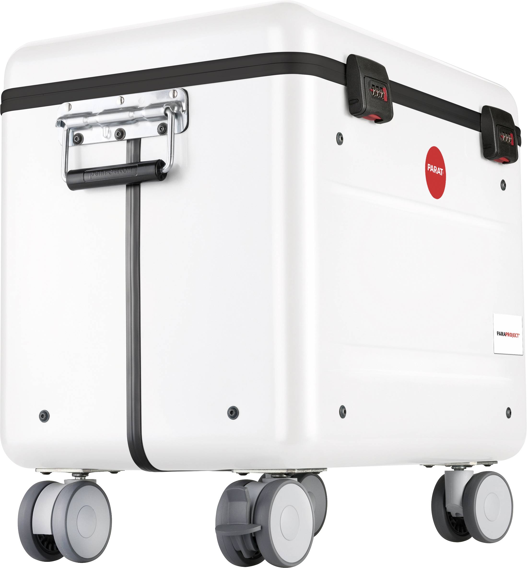 Biały, kwadratowy walizka na kółkach z uchwytami i czerwonymi akcentami, stojąca na czterech kółkach.