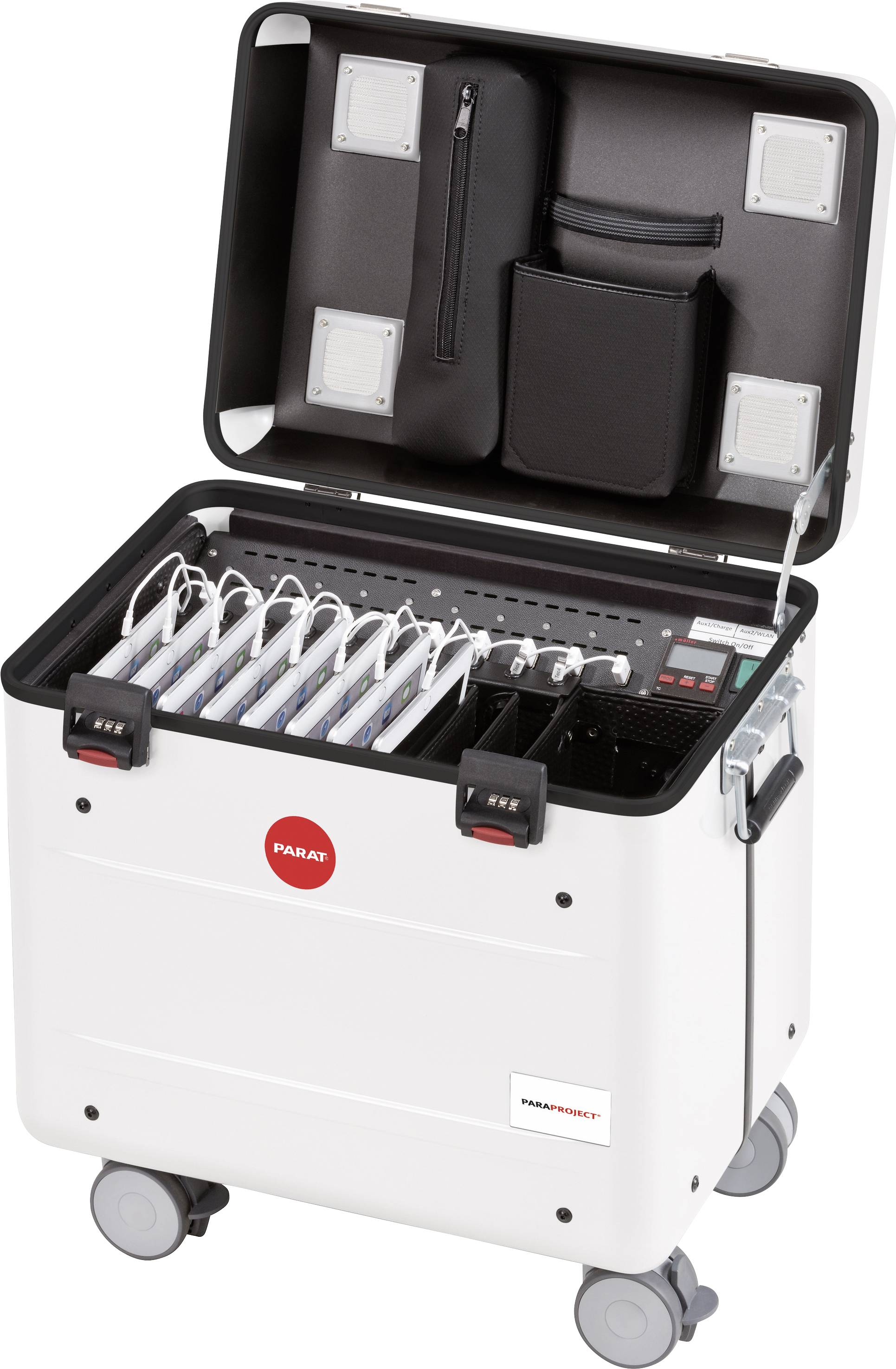 Otwarty, mobilny wózek ładujący z wieloma tabletami w stacjach dokujących, wyposażony w kółka i uchwyty; oznaczony logo 'Parat'.