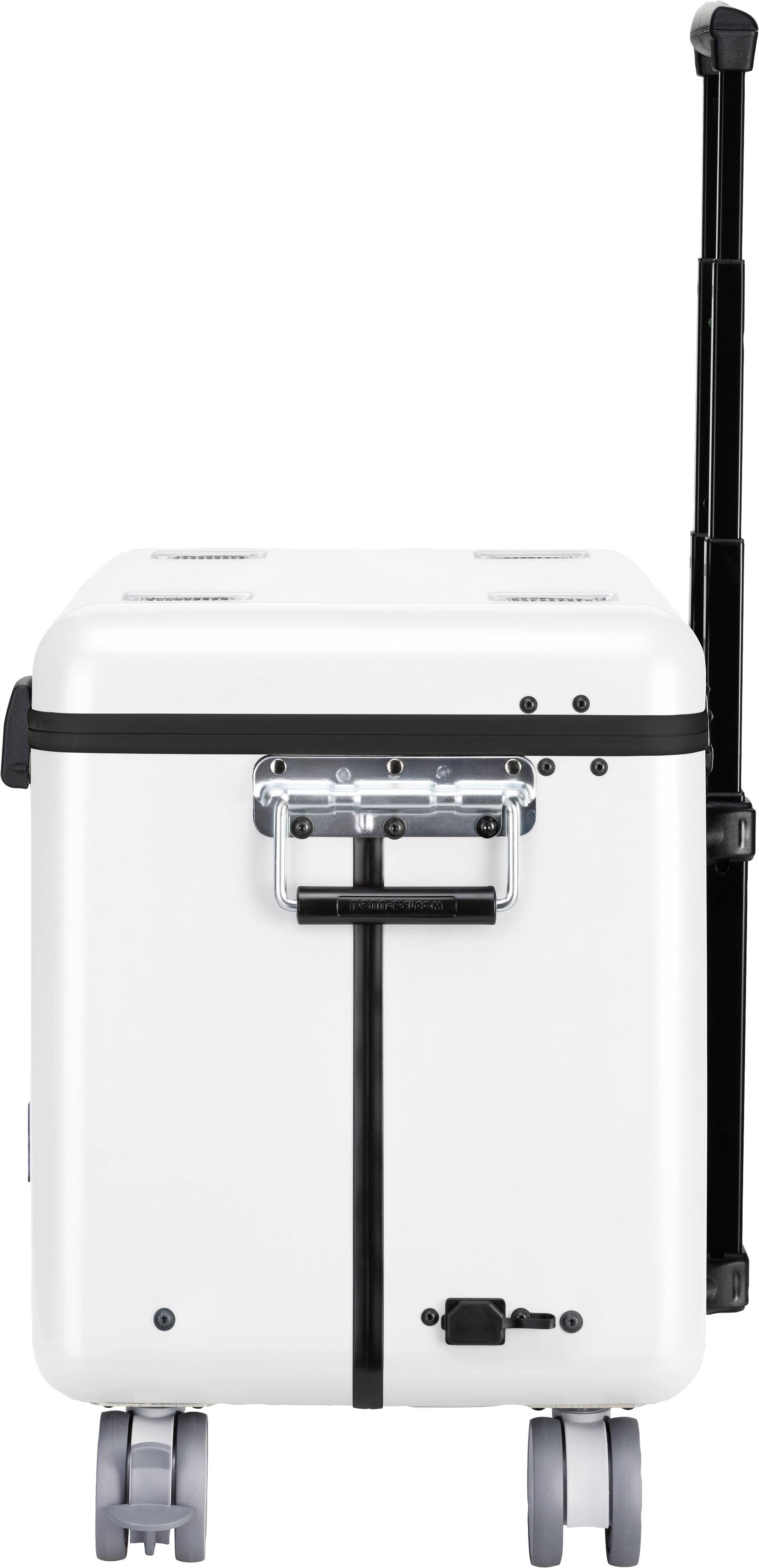 Biała walizka na kółkach z wysuwaną rączką, przeznaczona do transportu przedmiotów.