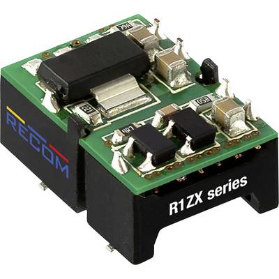 Mały elektroniczny moduł z zieloną płytką drukowaną i wieloma komponentami, oznaczony napisami 'RECOM' i 'R1ZX series'.