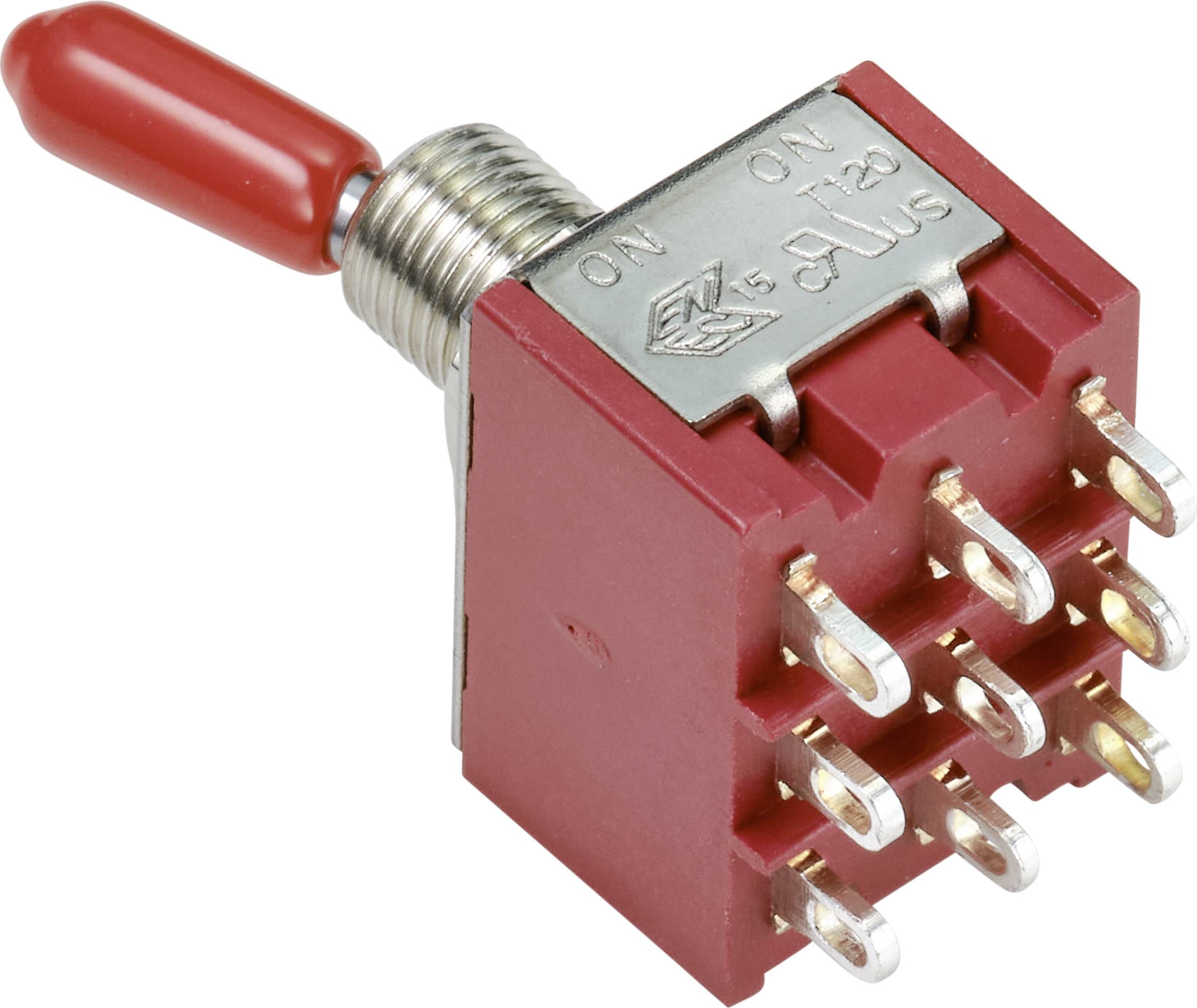 Czerwony przełącznik kołyskowy z dziewięcioma pinami metalowymi, oznaczony u góry napisami 'ON' i 'NO'. Odpowiedni do sterowania elektrycznego.