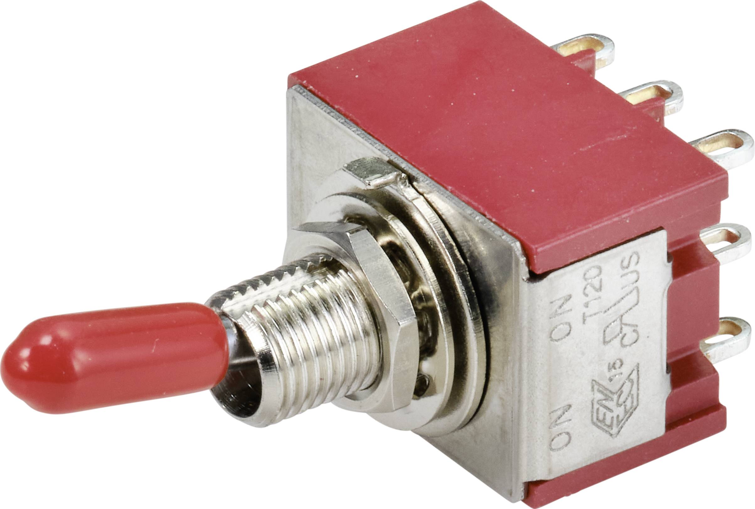 Czerwony przełącznik kołyskowy z metalową podstawą i wieloma złączami elektrycznymi.
