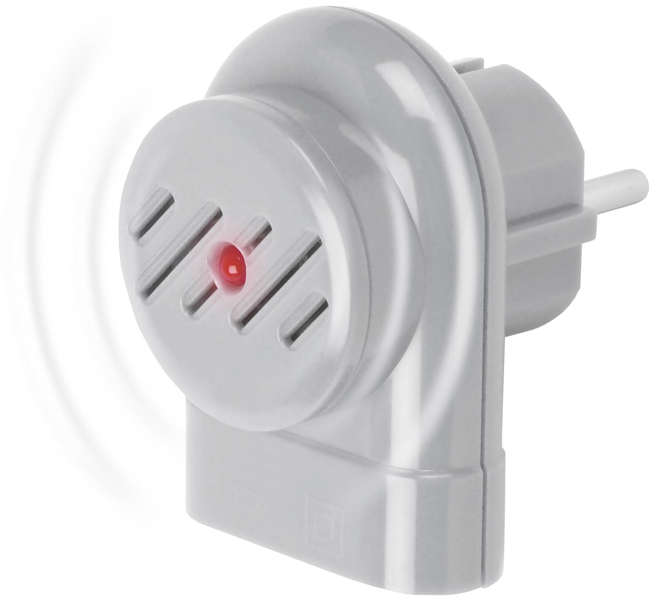 Szary elektroniczny moduł gniazdka z czerwoną diodą LED, prawdopodobnie do sygnalizacji lub ostrzegania, widok z boku.