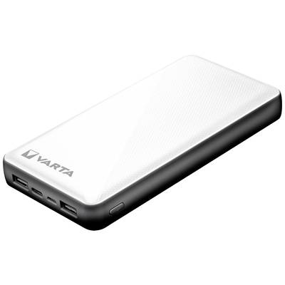 Biała powerbank z czarną ramką i napisem 'VARTA', wyposażona w kilka złączy USB po jednej ze stron.