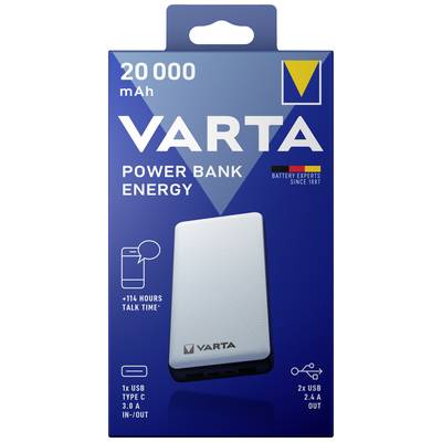 Opakowanie powerbanki Varta o pojemności 20 000 mAh, z wejściem USB-C 3.0 i dwoma wyjściami USB 2,4 A. Do 114 godzin dodatkowego czasu rozmów.