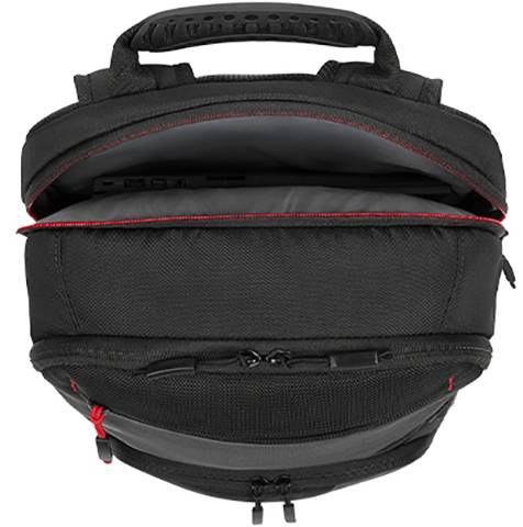 Czarny plecak, otwarty, ukazuje główną komorę z szarą podszewką i kilkoma kieszeniami zamykanymi na zamek błyskawiczny, widoczne czerwone akcenty.