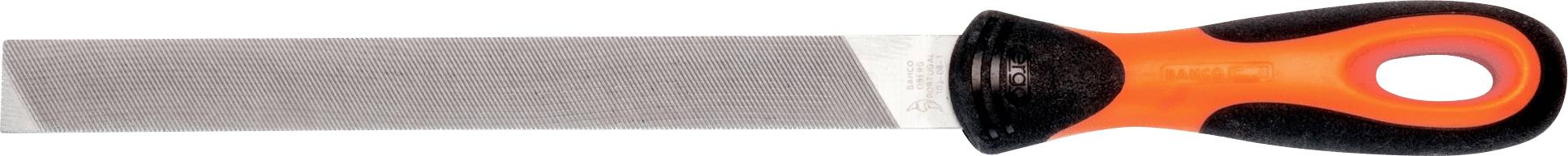 Pilnik płaski z czarną i pomarańczową rękojeścią, przeznaczony do wyrównywania i wygładzania materiałów takich jak drewno lub metal.