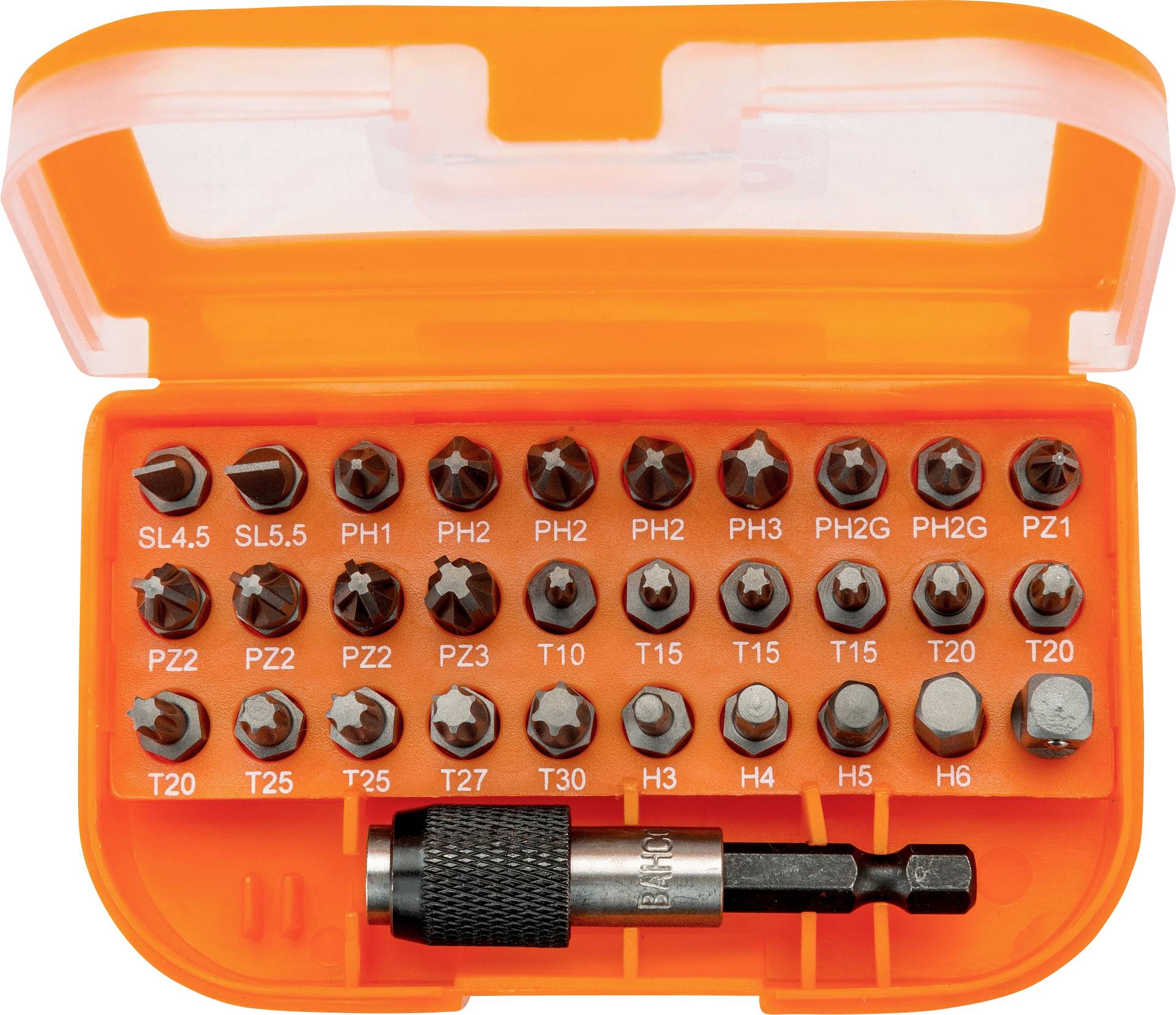 Pomarańczowe etui z różnymi końcówkami wkrętakowymi, oznaczonymi rozmiarami takimi jak SL, PH, PZ oraz Torx, wraz z uchwytem na bity.