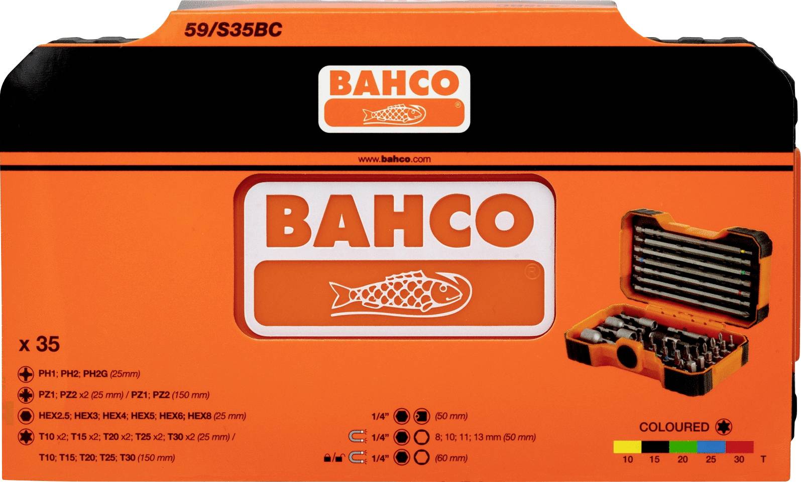 Zestaw narzędziowy BAHCO z 35 bitami w różnych rozmiarach i kształtach, przedstawiający typy bitów, rozmiary napędu i kodowanie kolorystyczne.