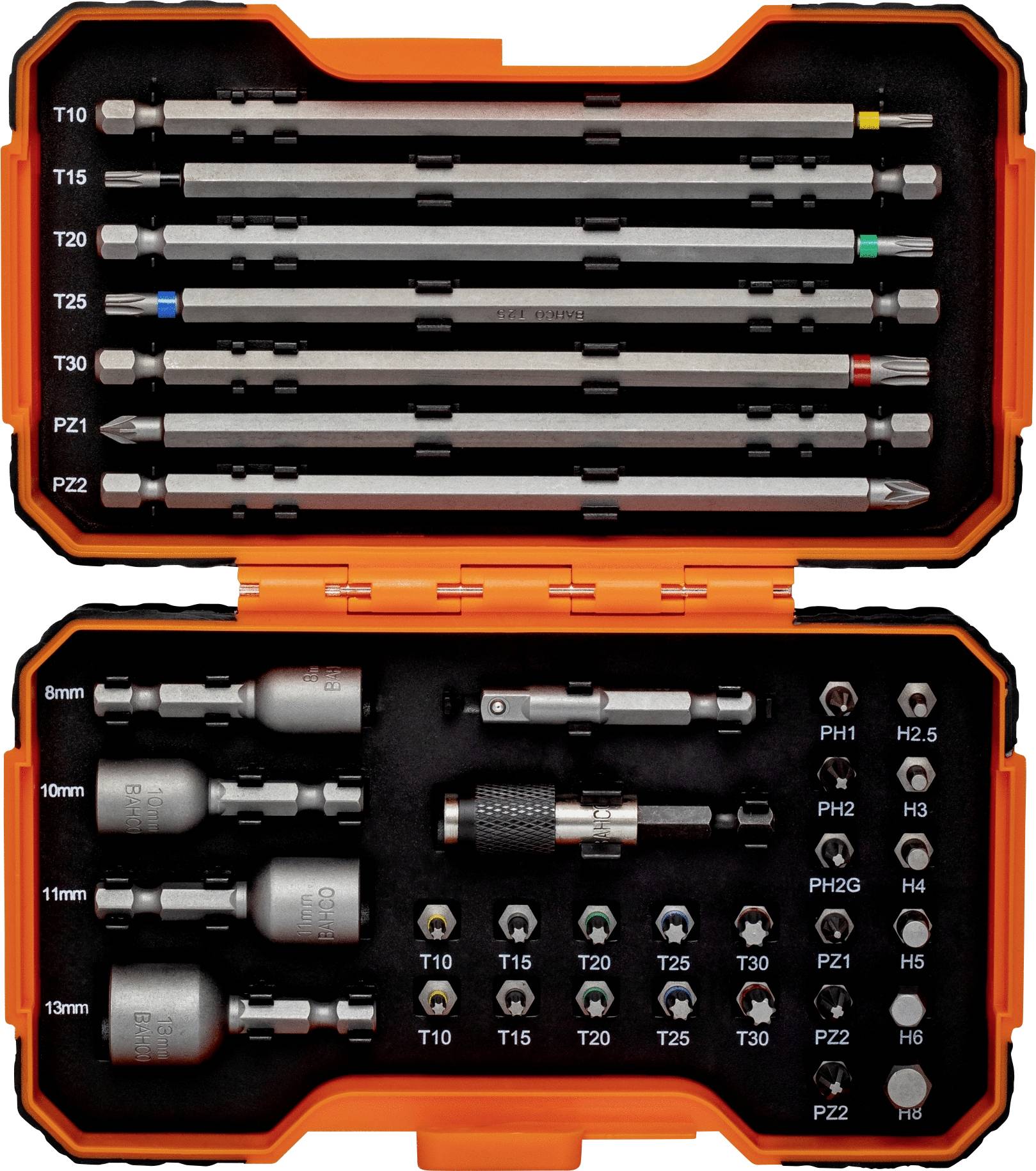 Otwarty kufer narzędziowy z różnymi grotami wkrętaków i nasadkami w uporządkowanym układzie do prac majsterkowiczów.