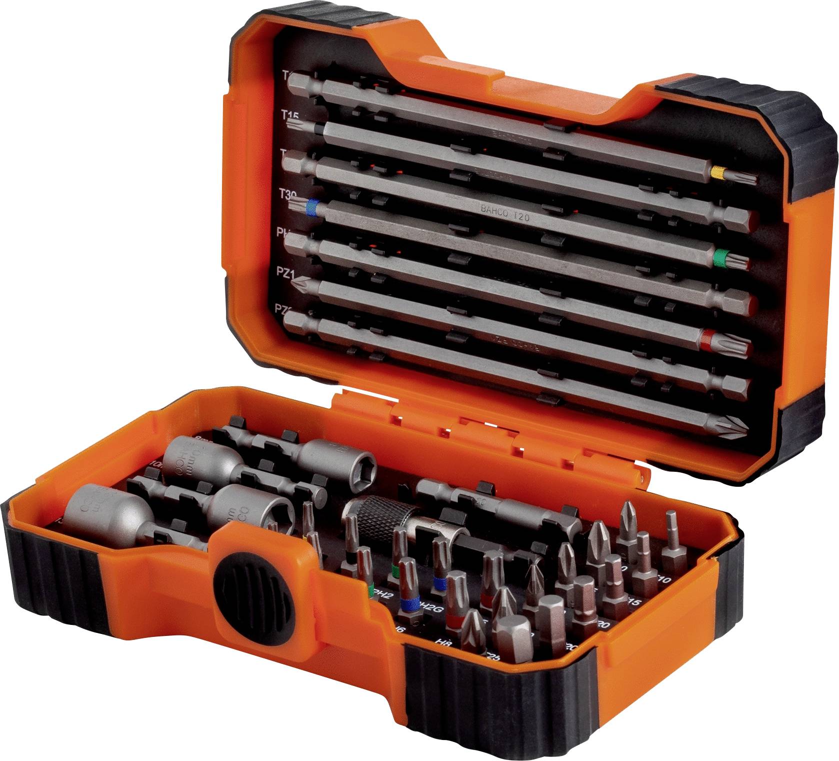 Zestaw narzędziowy Oranges z bitami i nakrętkami, różne rozmiary i typy, w otwartym pudełku plastikowym, odpowiedni do prac majsterkowych.