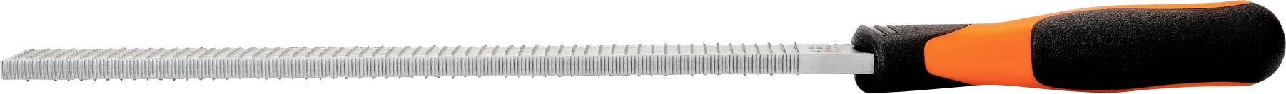 Pilnik metalowy z czarną i pomarańczową rękojeścią, przeznaczony do wygładzania powierzchni.