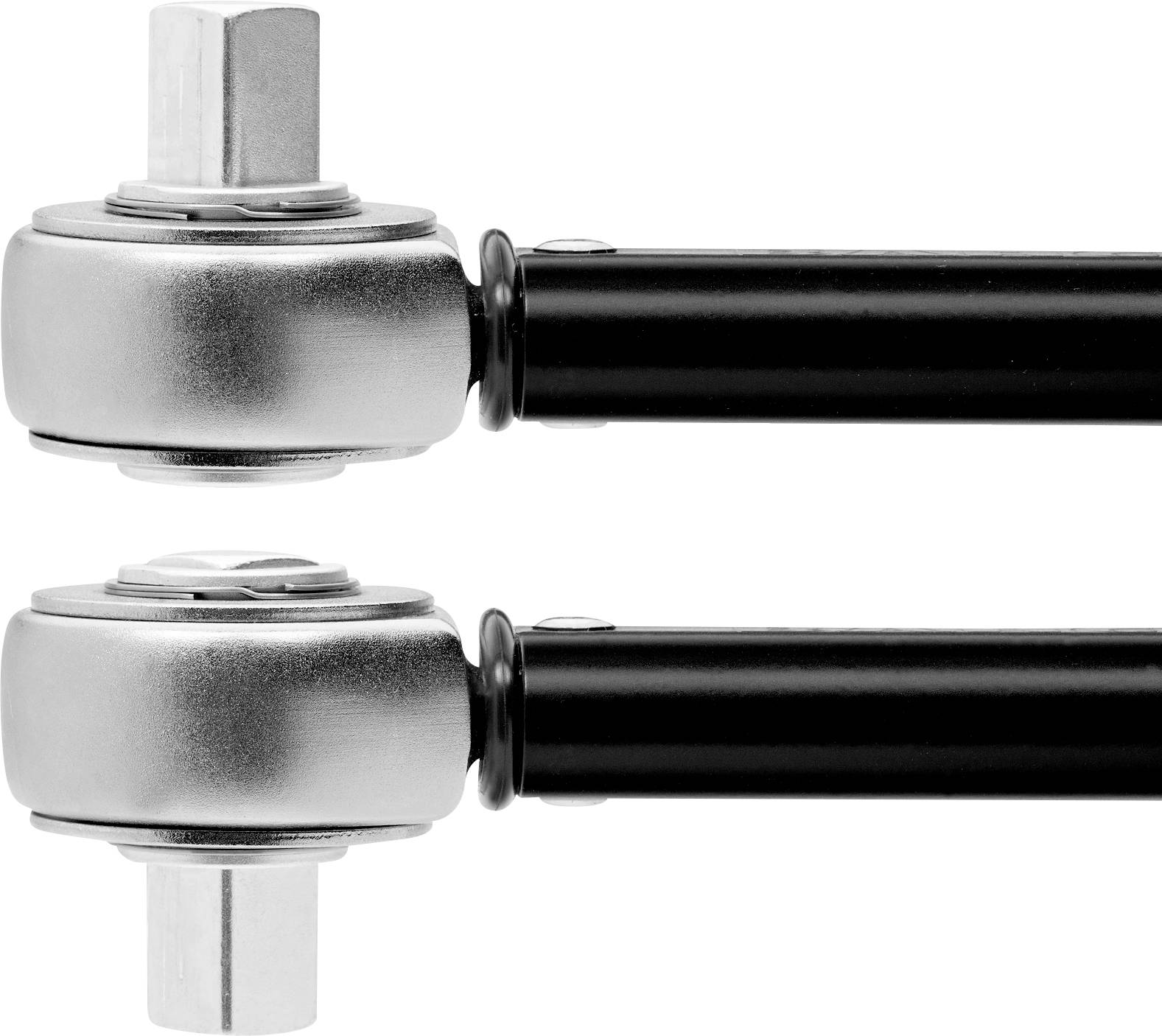 Dwa metalowe klucze nasadowe w kształcie litery L, ułożone jeden na drugim, w czarnym i srebrnym wykończeniu.