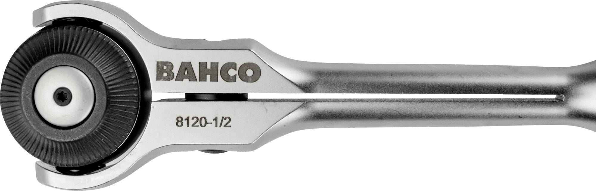 Srebrna grzechotka z czarnym kołem zębatym, grawerowany napis 'BAHCO 8120-1/2' na uchwycie. Narzędzie zostało zaprojektowane do prac mechanicznych.