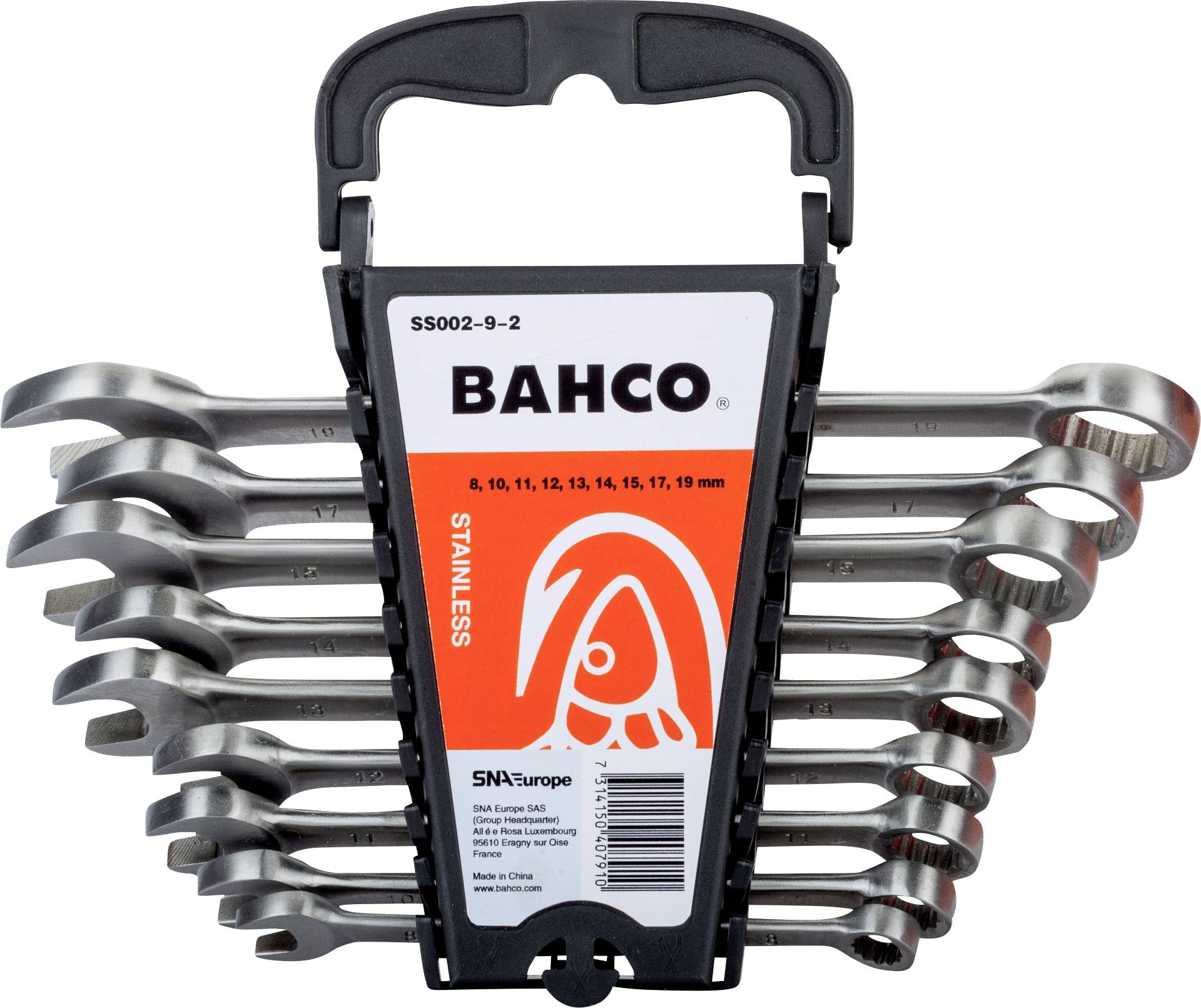 Zestaw dziewięciu kluczy oczkowych ze stali nierdzewnej, o rozmiarach od 8 do 19 mm, w uchwycie z nadrukiem 'BAHCO'.