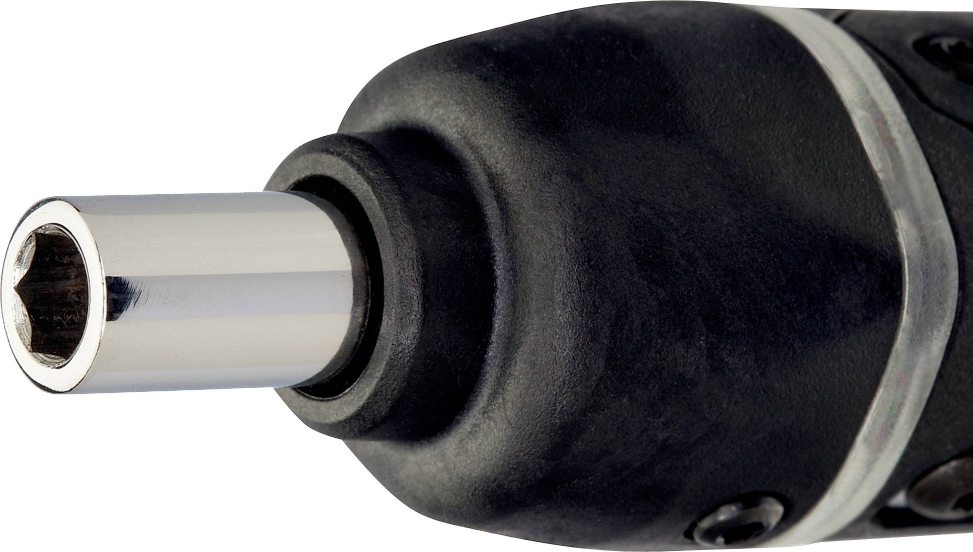 Zbliżenie czarnego, elektrycznego wkrętaka z metalowym grotem na końcu.