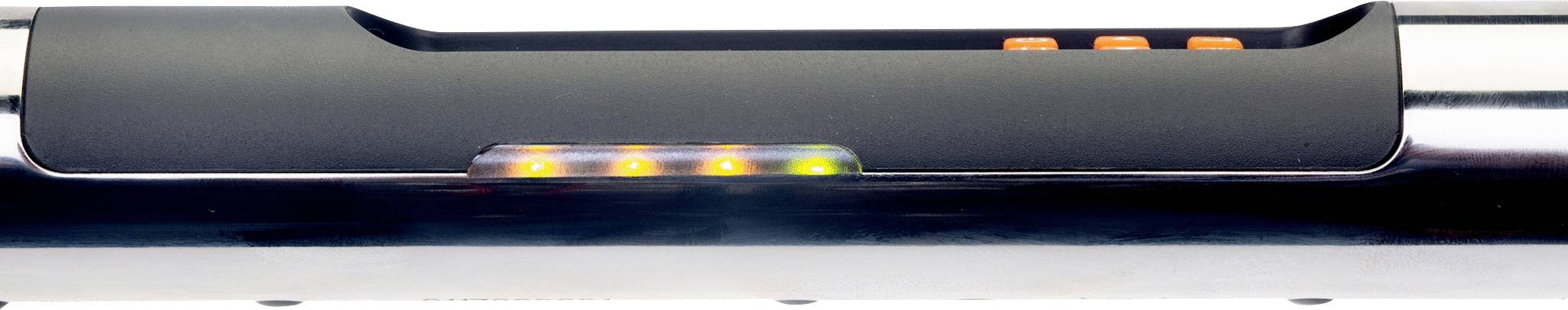 Czarna listwa z jasnymi żółtymi i czerwonymi wskaźnikami świetlnymi, prawdopodobnie będąca częścią urządzenia elektronicznego lub maszyny.