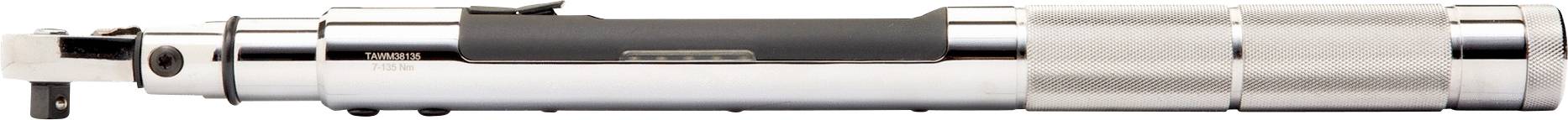 Srebrny klucz dynamometryczny z czarną rękojeścią, ułożony w pozycji poziomej.