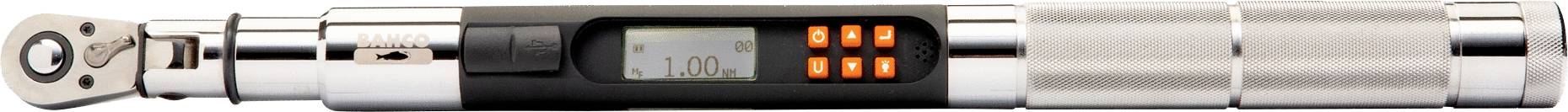 Elektroniczne narzędzie dynamometryczne z cyfrowym wyświetlaczem i przyciskami sterującymi, wyświetlające dokładne ustawienia momentu obrotowego.