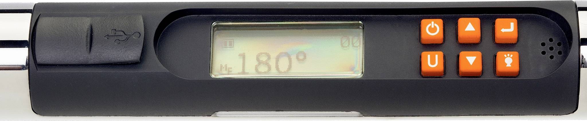 Cyfrowe wielofunkcyjne narzędzie z wyświetlaczem LED pokazuje 180 stopni. Po prawej stronie znajduje się sześć pomarańczowych przycisków sterujących.