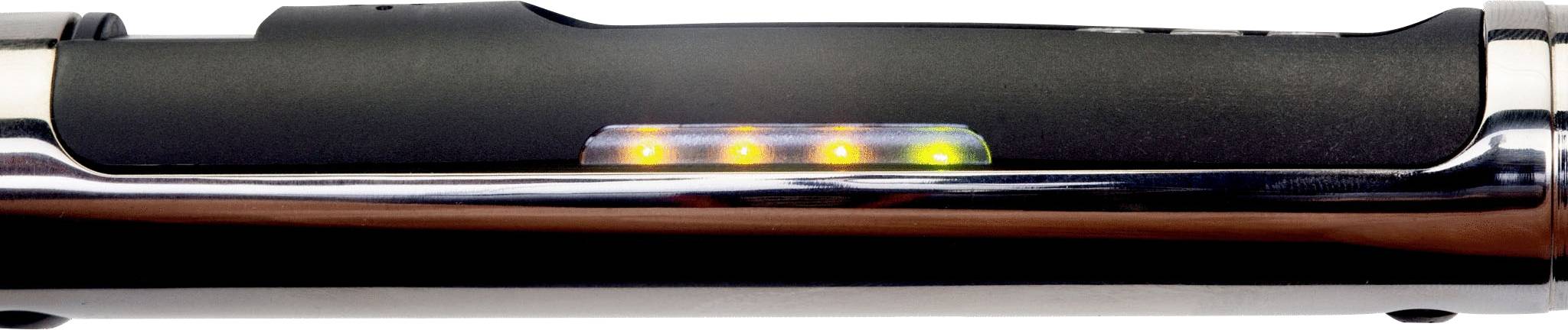 Elektroniczne urządzenie z rzędem czterech małych, świecących diod LED w kolorach zielonym, żółtym i czerwonym na czarnym tle.