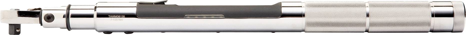 Srebrny, cylindryczny klucz dynamometryczny z czarną rękojeścią. Używany do precyzyjnego dokręcania śrub i nakrętek.