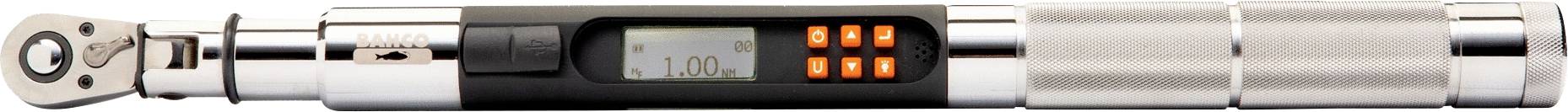 Cyfrowy klucz dynamometryczny w zbliżeniu, prezentujący cyfrowy wyświetlacz z liczbami i elementami sterującymi na metalowej obudowie.