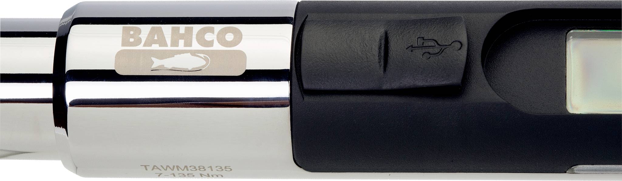Fragment narzędzia z napisem BAHCO i symbolem ryby, obok symbol USB na czarnym przełączniku.