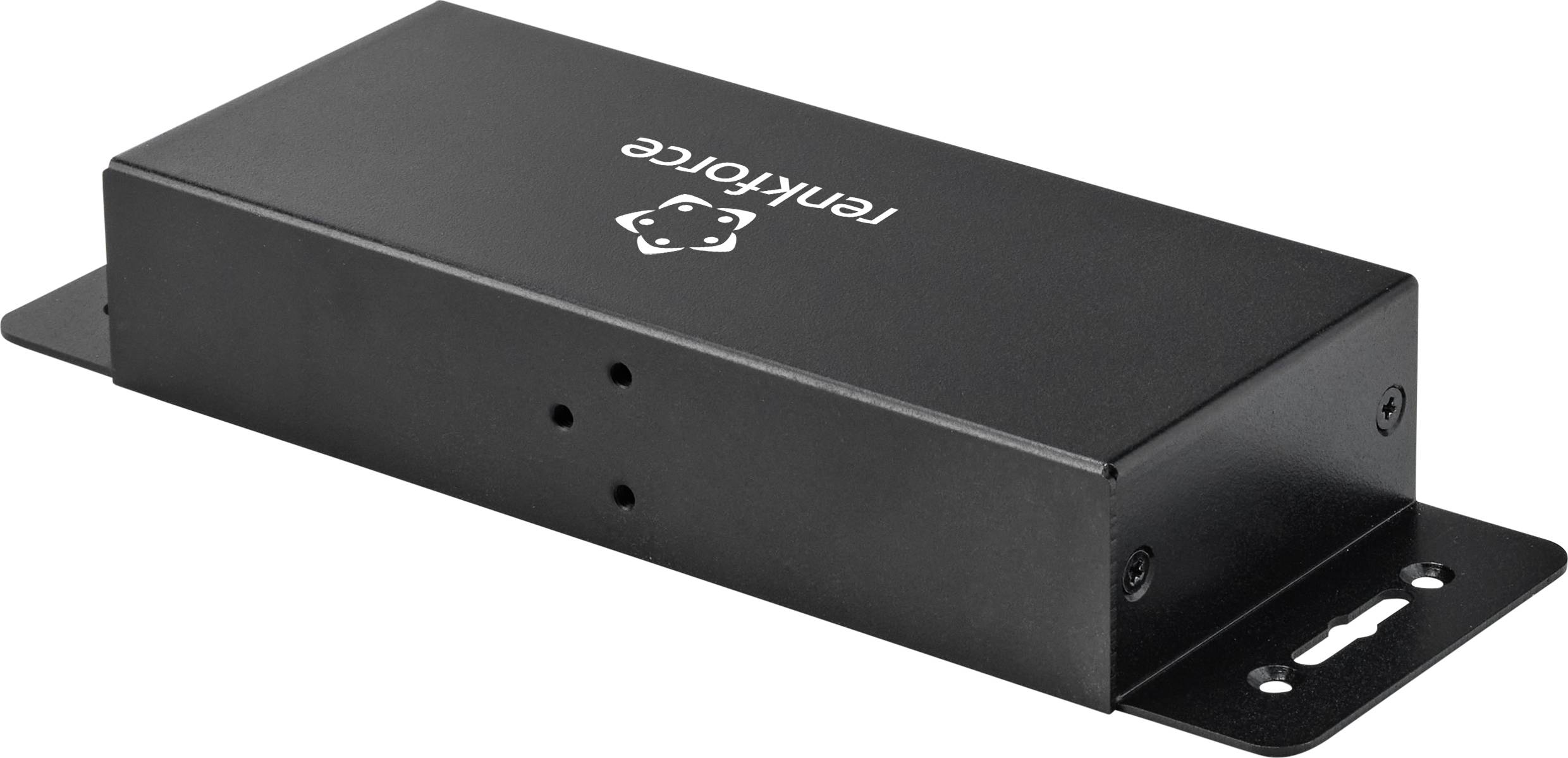 Czarne, prostokątne obudowa elektroniczna marki Fenkforce z możliwością montażu na krawędziach podstawy.