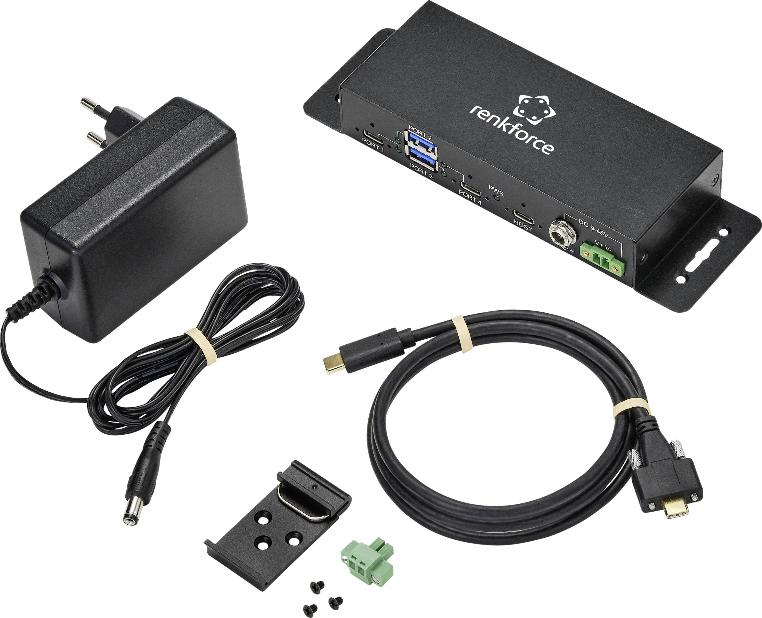 Zestaw adaptera sieciowego z czarnym adapterem, kablem, zatrzaskiem mocującym i śrubami. Zawiera złącza HDMI i USB.