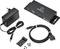 Zestaw adaptera sieciowego z czarnym adapterem, kablem, zatrzaskiem mocującym i śrubami. Zawiera złącza HDMI i USB.