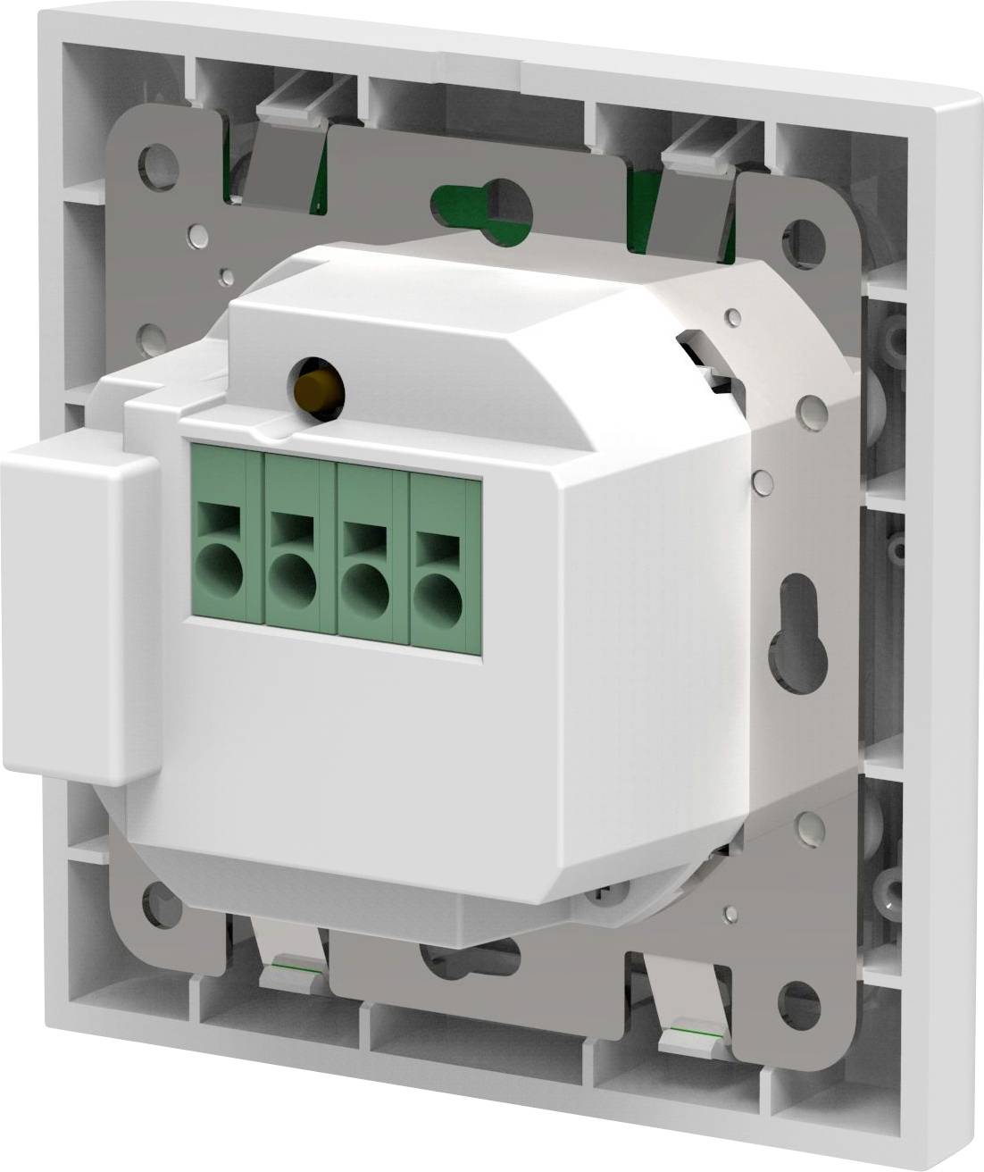 Element elektryczny w kwadratowej obudowie, przedstawiający tylną stronę z czterema zielonymi zaciskami przyłączeniowymi, odpowiedni do montażu ściennego.
