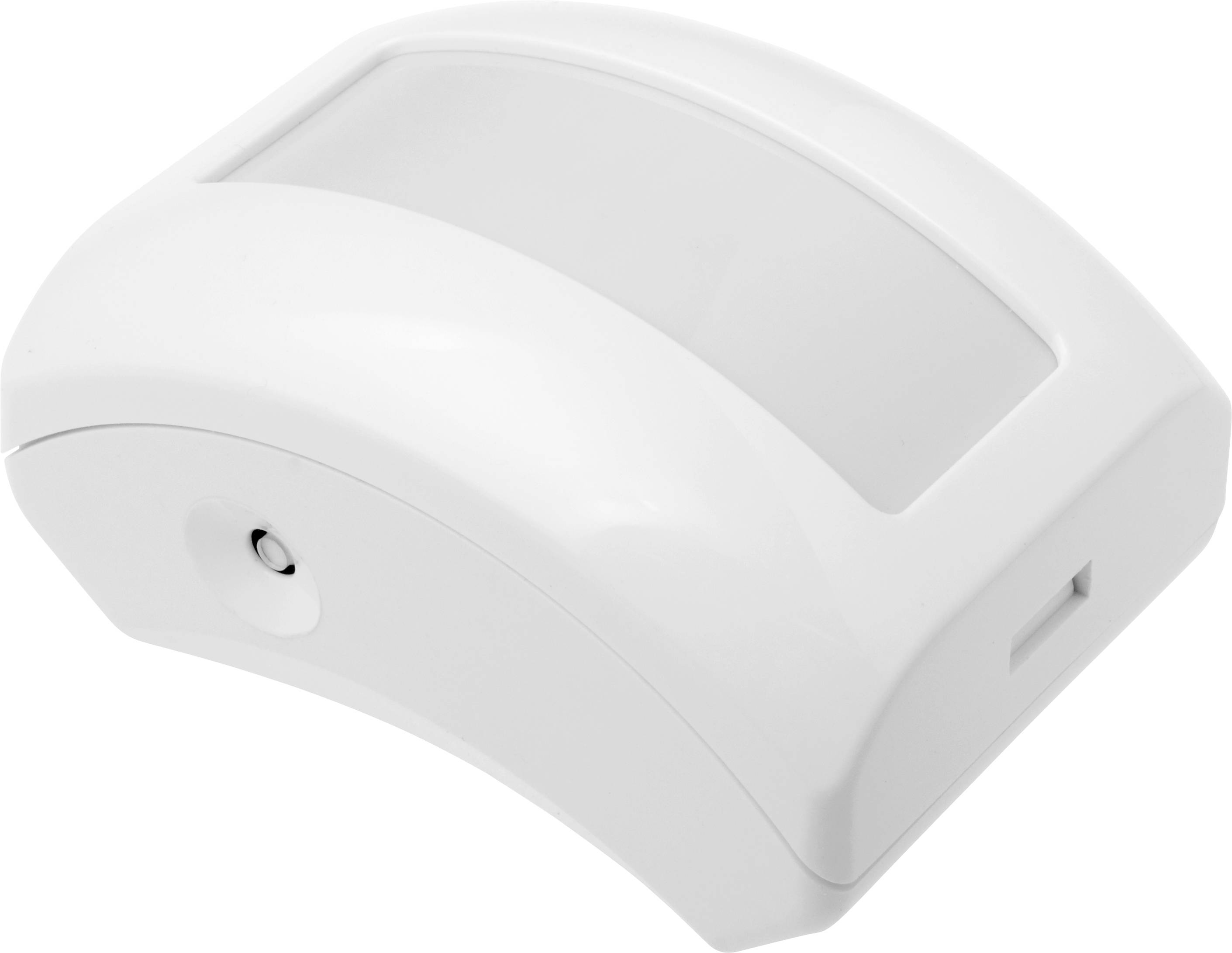 Biały, wypukły czujnik ruchu z zaokrąglonymi krawędziami i soczewką na przedniej stronie.