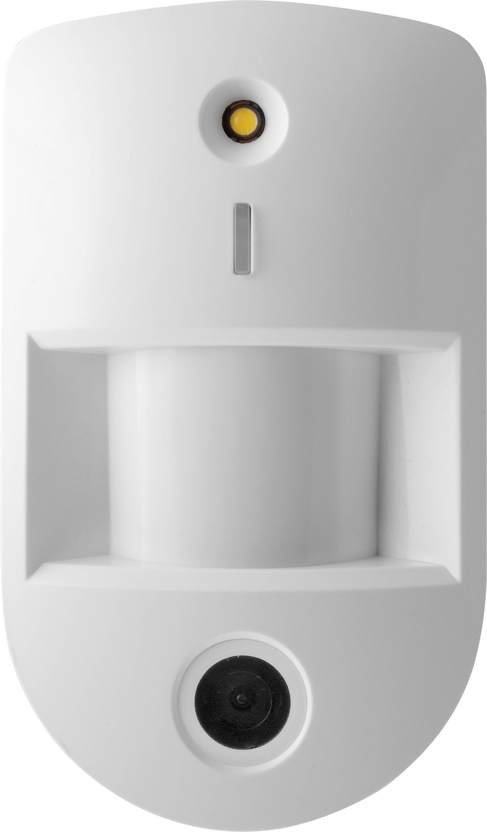 Biały czujnik ruchu z kamerą i sensorem, przeznaczony do monitorowania i wykrywania aktywności w pomieszczeniu.