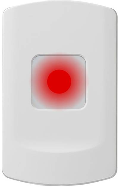 Biały przełącznik z jaskrawo czerwoną lampką kontrolną pośrodku sygnalizuje, że urządzenie jest włączone.
