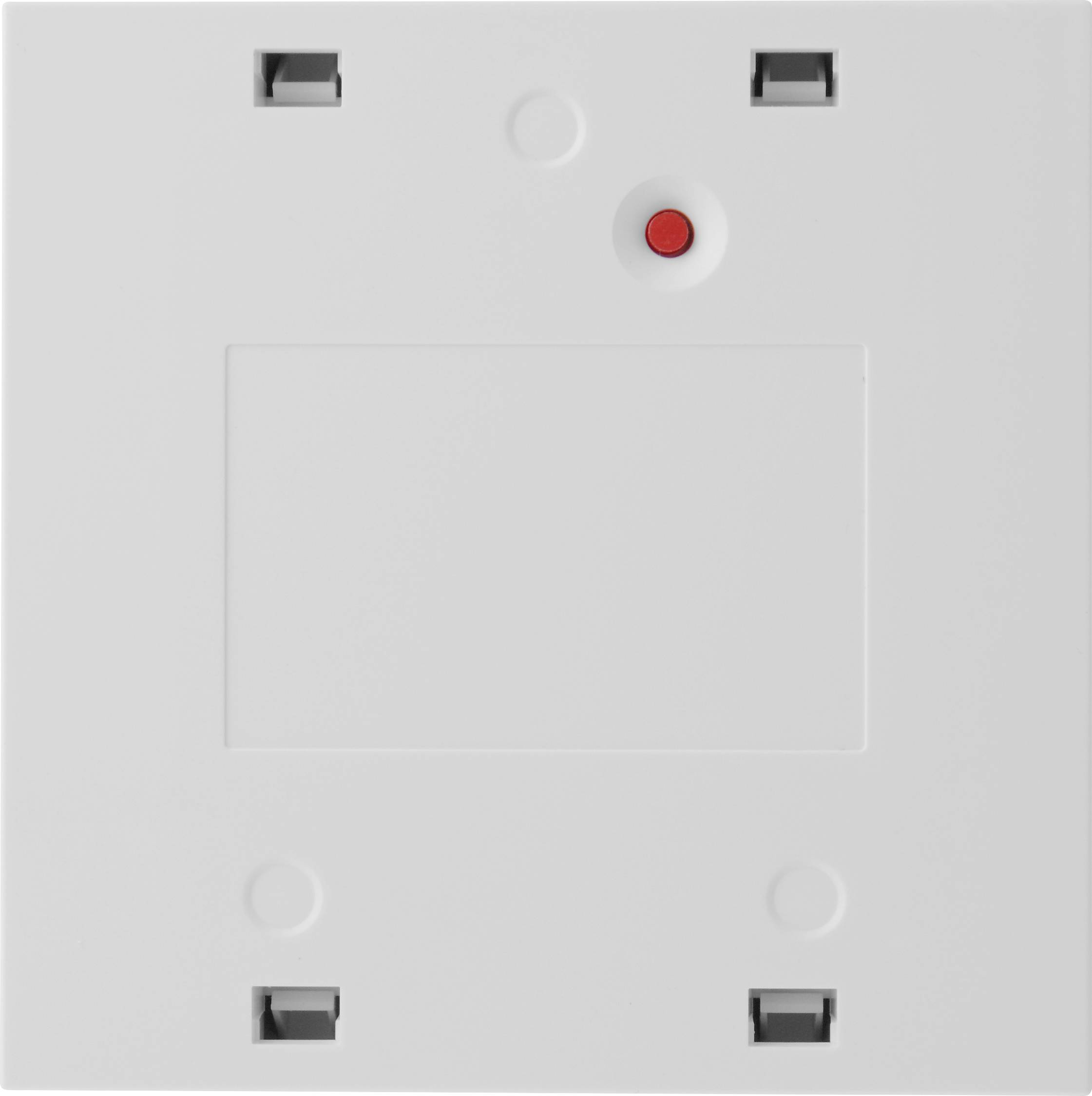 Kwadratowa biała płytka ścienna z czerwoną kropką w górnym prawym rogu.